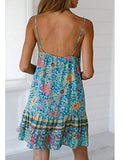 Floral Printed Dress Summer Sleeveless Adjustable Strap Beach Mini Dress with Pockets