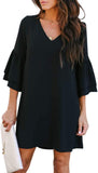 Black Women's Dress Sweet & Cute V-Neck Bell Sleeve Shift Dress Mini Dress - BELONGSCI | Women's Casual Dresses