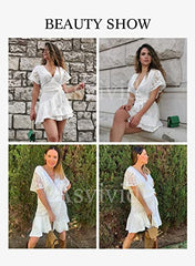 Split V Neck Ruffle Dresses For Women Casual Tiered Short Dress Long Sleeve Babydoll Mini Dress Es