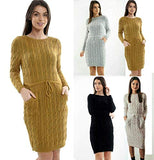 Women's Soft Knit Cable Knitted Pocket Tie Up Midi Party Dress Jumper Top | Original Brand