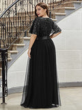 Women's Plus Size Elegant Flared Sleeve Embroidery Wedding Party Dress Black US - Sara Clothes