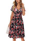 Black Red Summer Short Sleeve V-Neck Floral Casual Ladies Dress with Pockets - OUGES | Women's Casual Dresses