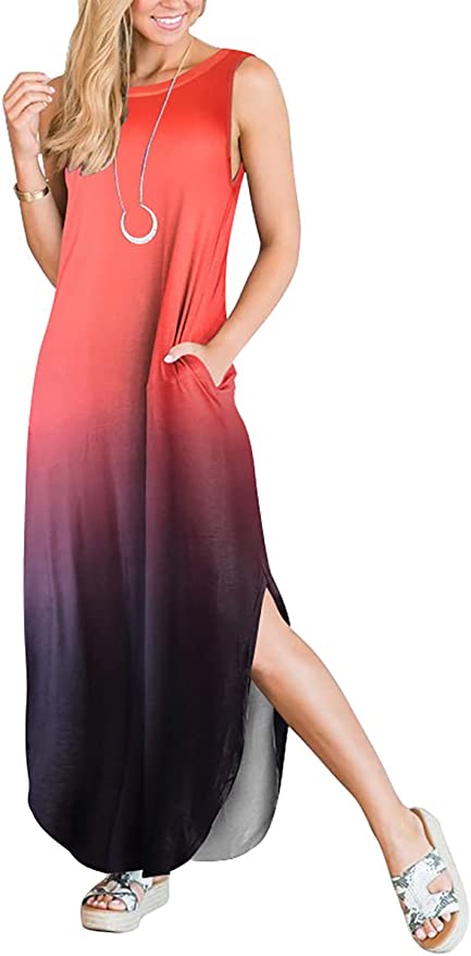 Orange Black Women's Casual Loose Long Sleeveless Sundress with Pockets - ANRABESS | Women's Casual Dresses