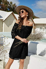 Women's Casual Off Shoulder Lace Shift Loose Mini Dress With 3/4 Sleeve