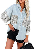 Happy Sailed Womens Leopard Contrast Denim Jackets Oversize Long Sleeve Button Down Pockets Jean Jacket Coats S-2XL | Women's Coat & Jacket