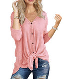 IWOLLENCE Womens Loose Henley Blouse Bat Wing Long Sleeve Button Down T Shirts Tie Front Knot Tops Pink Medium | Women's Tops and Blouses