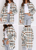 Beaully Women's Brushed Plaid Shirts Long Sleeve Flannel Lapel Button Down Pocketed Shacket Jacket Coats 6017 Khaki Medium | Women's Casual Dresses