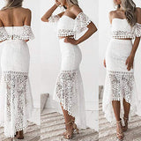 Off Shoulder Lace Dress, Women Two Piece White Lace Outfit Crop Tube Top Lace Crochet Low High Pencil Skirt Dress | Women's Casual Dresses