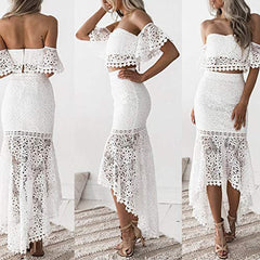 Off Shoulder Lace Dress,  Women Two Piece White Lace Outfit Crop Tube Top Lace Crochet Low High Pencil Skirt Dress