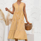 Summer Dresses for Women, Ladies's Fashion Summer Sleeveless Stripe Print Casual Dress V-Neck Button Dress Party UK Size | Women's Work Dresses