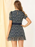 Women's Dots Fit and Flare Ruffle Hem Floral Lace Inset Mini Dress