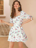 Women's Floral Printed Neck Puff Sleeve Fit and Flare A-Line Mini Dress | Original Brand