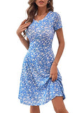 Blue Floral 107 Spring/Summer Casual Women Short Sleeve Round Neck A Line Fit and Flare Midi Skater Dress - HUHOT | Women's Casual Dresses