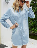 Women Denim Shirt Dresses Long Sleeve Distressed Jean Dress Button Down Casual Tunic Top