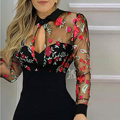 Wedding Guest Dresses For Women Sexy See Through Long Sleeve Slit Ruffles Hem Floral Slim Lace Bodycon Cocktail Dress