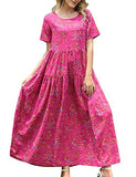 Pink Dresses Casual Plus Size Bohemian Short Sleeve Floral Long Maxi Summer Beach Swing Dress/Pockets - YESNO | Women's Casual Dresses