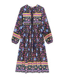 Women's Casual Bohemian Print Neck Tie Long Sleeve Beach Style Long Midi Dress Vocation Dress