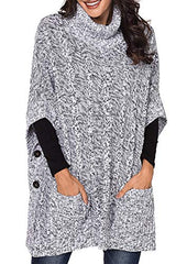 Women's Poncho Sweater Turtle Cowl Neck Batwing Sleeve Pullover Sweaters with Pockets