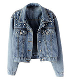 Flygo Women's Denim Trucker Jacket Distressed Beaded Pearls Button Down Jean Coat | Women's Coat & Jacket