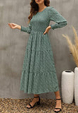 Women Long Sleeve Smocked Bodice and Cuffs Boho Tiered Floral Midi Dress