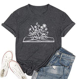 Book Lovers T-Shirt Teacher Shirts Womens Wildflower Open Book Graphic Tees Causal Soft Shirts Tops | Original Brand