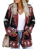 Women Boho Cardigan Aztec Open Front Loose Slouchy Sweaters Tribal Long Sleeve Knitted Christmas Jacket Coat | Women's Sweaters