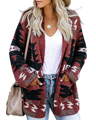 Women Boho Cardigan Aztec Open Front Loose Slouchy Sweaters Tribal Long Sleeve Knitted Christmas Jacket Coat