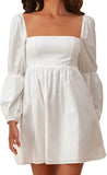 White Womens Square Neck Dress Long Puff Sleeve A-Line Casual Short Mini Dress - Exlura | Women's Casual Dresses