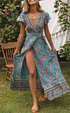 Women's Bohemian Floral Printed Wrap V Neck Short Sleeve Split Beach Party Maxi Dress