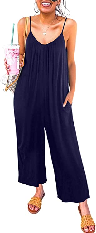 Blue Sleeveless Women's Casual Sleeveless Front Button Loose Jumpsuits Stretchy Long Pants Romper with Pockets - Happy Sailed | Women's Romper & Jumper Suit