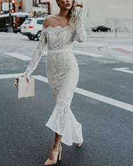 Women Sexy Lace Derss Long Sleeve V Neck Lace Fishtail Skirt Bodycon Club Evening Midi Dress