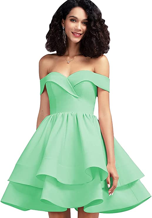 Mint Off Shoulder Short Prom Dress Satin Homecoming Dresses for Teens A Line Cocktail Party Gowns Mini Dress - Homdor | Women's Cocktail Dresses