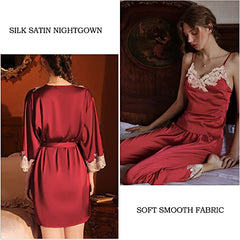 Women Sleepwear 6pcs Satin Pajama Set With Chest Pad Lace Trim Sexy Lingerie Nightgown Robe Soft Silk Dress Nightwear