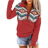 Womens Quarter-Zip V-Neck Vintage Pullover, Fashion Lapel Geometry Print Sweatshirt Fall Casual Loose Blosue Tops