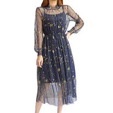 Women Summer Chiffon Dress Stars Moon Print Embroidered Skirt Long Puff Sleeve Princess Dress
