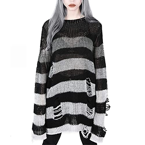 Punk Gothic Sweater for Women Long Hollow Out Hole Ripped Loose Knit Jumper Tops