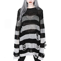 Punk Gothic Sweater for Women Long Hollow Out Hole Ripped Loose Knit Jumper Tops