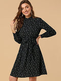 Women's Mock Neck Knee Length Long Sleeve A-line Floral Dress | Original Brand