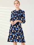 Women's Floral Tie Neck 3/4 Sleeve Work Midi Flowy Flare Dress | Original Brand