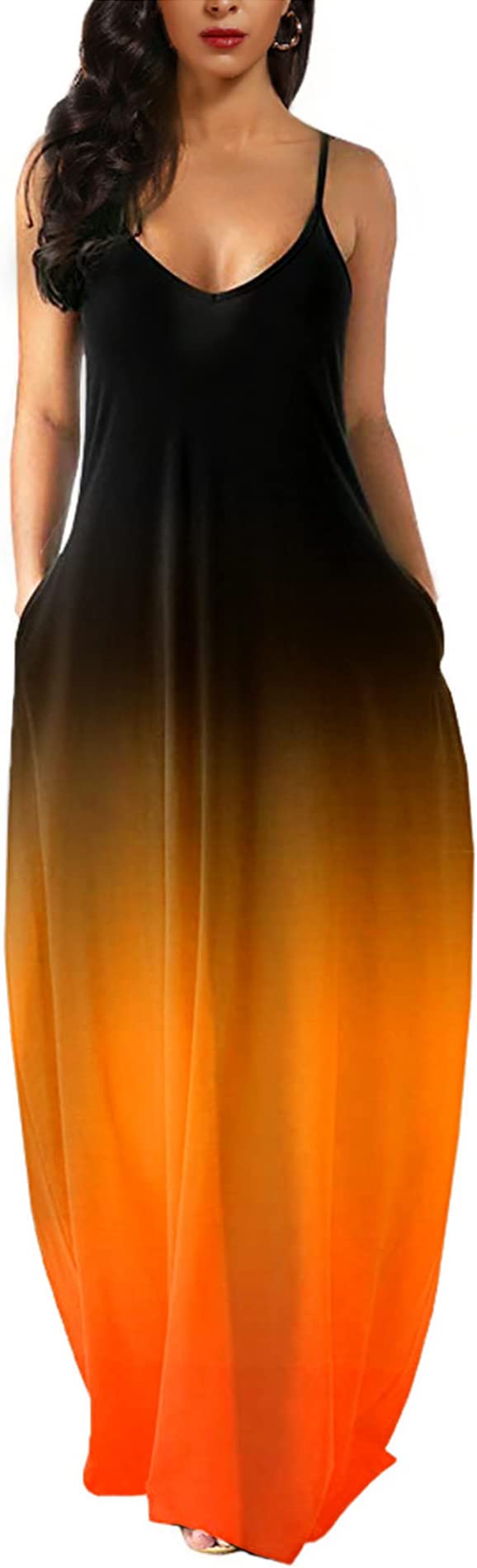 Gradient Orange Black Womens Casual Sleeveless Plus Size Loose Plain Long Maxi Dress with Pockets - Wolddress | Women's Casual Dresses