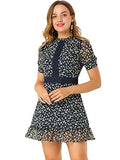 Women's Dots Fit and Flare Ruffle Hem Floral Lace Inset Mini Dress