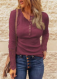 BTFBM Women Long Sleeve V Neck Button Up Solid Tops Blouses Trendy Slim Fit Lace Sleeves Ribbed Knit Casual Shirts Tunic (Lace Wine Red, Medium) | Women's Casual Dresses