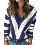 Women's Fashion Long Sleeve Striped Color Block Knitted Sweater Crew Neck Loose Pullover Jumper Tops