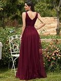 Women's Elegant Double V Neck Appliqued Sequin Tulle Maxi Formal Dress  - Sara Clothes