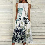 Ladies Loose Sleeveless Pocket Long Dress O-Neck Print Retro Dress Bodycon Dress Office Wear for Casual Club Cocktail Evening Gowns Work UK Size 8-26 | Women's Work Dresses