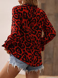 Women's Leopard Print Long Sleeve Frill Trim Mock Neck Blouse Tops | Original Brand | Women's Tops and Blouses