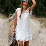 Women Casual Lace Sleeveless Beach Short Dress Tassel Mini Dress | Women's Casual Dresses