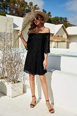 Women's Casual Off Shoulder Lace Shift Loose Mini Dress With 3/4 Sleeve