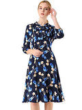 Women's Floral Tie Neck 3/4 Sleeve Work Midi Flowy Flare Dress | Original Brand