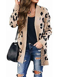 Women's Long Sleeves Open Front Leopard Print Knitted Sweater Cardigan Coat Outwear